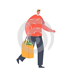 Male Character Carrying Groceries In Shopping Bag. Happy Man Shopper With Fresh Foods For Healthy Lifestyle