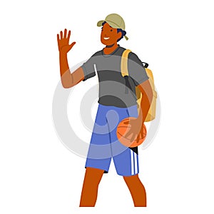 Male Character Confidently Walking with A Basketball Ball, Carrying A Backpack Slung Over One Shoulder, Vector