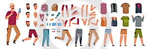 Male character constructor. Cartoon hipster animation kit with different clothes body parts and gestures. Vector man