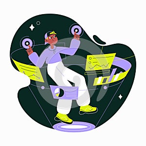 Male Character Using Interactive Digital Dashboards In Flat Vector Illustration Symbolizing Data Management, Analysis photo