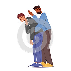 Male Character Doing Heimlich Maneuver To Young Man With Suffocation Due To Obstruction Of Airway With Food