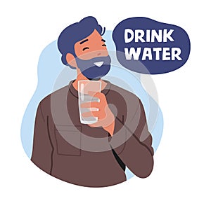 Male Character Drink Water. Happy Fit Man Enjoying Refreshing Beverage, Pure Aqua in Glass. Health Care, Immunity Boost