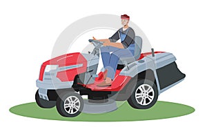 Male Character Driving Lawn Mower Machine to Mow Lawn at Home Backyard, Garden or Park. Man Gardener or Worker