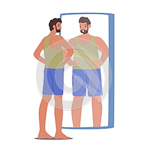 Male Character with Dysmorphia. Slim Man Gazes Into The Mirror, Perceive Himself As Overweight, Vector Illustration