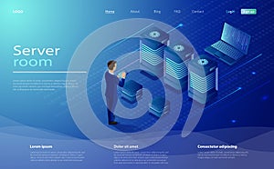 Male character engineer in data center room. Datacenter isometric vector illustration.