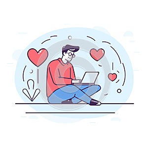 Male character enjoying online dating, finding love through laptop, hearts floating around