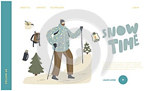 Male Character Enjoying Winter Hiking Landing Page Template. Backpacker with Sticks and Backpack Climbing on Mountain