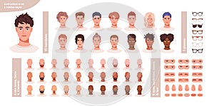 Male character face construction. Man avatar creation kit. Generator, constructor of diverse hairstyles, skin, eyes