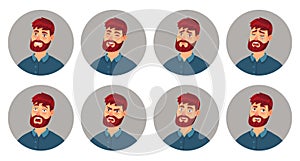 Male character facial emotions. Happy smiling man face, angry expression and different emotion faces cartoon vector