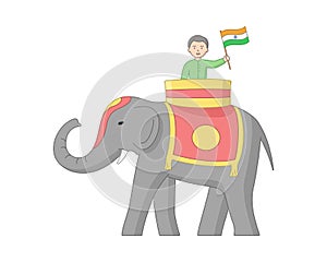 Male Character With FLag Of India In His Hand Riding An Elephant. Indian Man And Animsl With Outline. Cartoon Vector photo