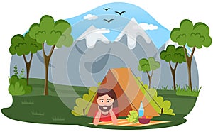 Male character with food and drink on picnic in forest. Happy tourist or backpacker lying in tent