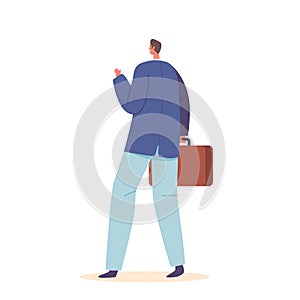 Male Character In Formal Wear Carrying Suitcase and Waving Hand Rear View. Man On Way To Business Meeting Or Traveling