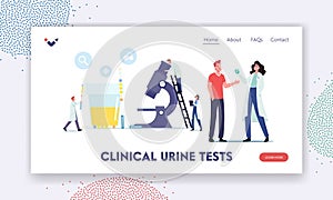 Male Character Give Urine Test in Clinical Laboratory Landing Page Template. Tiny Doctors at Huge Microscope