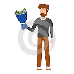 Male character hand hold bouquet flower, concept gift floret in decorative bundle flat icon vector illustration, man isolated on