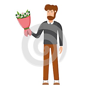 Male character hand hold bouquet flower, concept gift floret in decorative bundle flat icon vector illustration, man isolated on