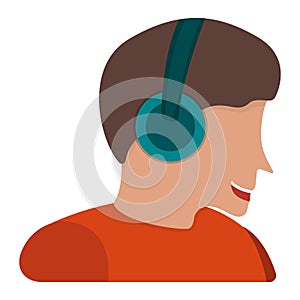 Male character in headset, cheerfully man listen music, podcast and playing games, flat vector illustration, isolated in white