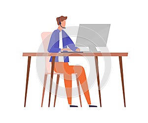 Male character in headset sitting at table with computer vector flat illustration. Guy worker of call center, hotline or
