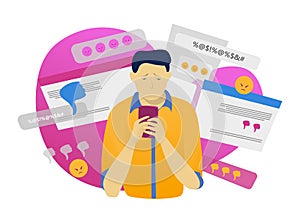 Male character hold mobile phone, online cyber bullying isolated on white, flat vector illustration. Modern technology