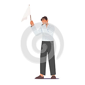 Male Character Holding White Flag Covering Face with Hand. Loser Give Up, Anxious Businessman Capitulation, Surrender