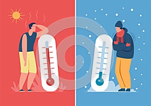 Male character in hot and cold weather with outdoor thermometer. Person sweating or freezing, summer vs winter season
