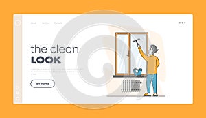 Male Character Household Activity Landing Page Template. Man Cleaning Home Wiping Window with Wet Rag and Scraper Chores