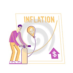 Male Character Inflate Balloon with Dollar Sign Using Pump. Concept of Economy Problem or Financial Crisis