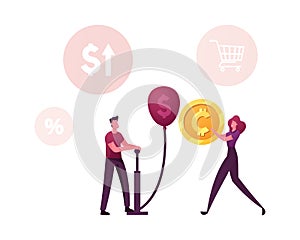 Male Character Inflate Balloon with Dollar Sign Using Pump. Economy Problem or Financial Crisis, Recession