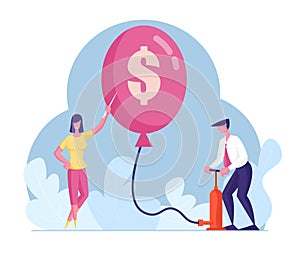 Male Character Inflate Balloon with Dollar Sign Using Pump, Woman Holding Needle to Pierce. Economy Problem