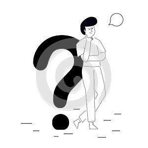 Male character is leaning on question mark. Concept of asking and thinking question. Handsome businessman asking