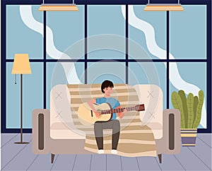 Male character learning to play guitar. Young boy guitarist creates music sitting on couch