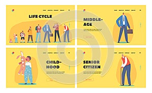 Male Character Life Cycle Landing Page Template. Growth and Aging Process. Happy People Baby, Kid, Teenager and Old Men