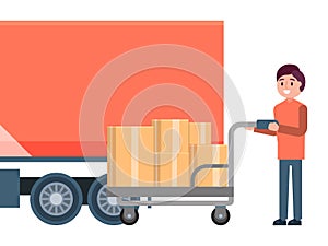Male character loader hold cart, fast delivery service truck logistic concept isolated on white, flat vector