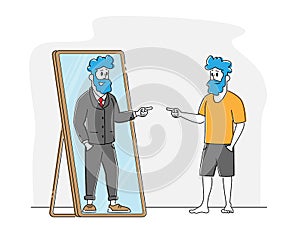 Male Character Looking in Big Mirror See himself as Successful Businessman Wearing Expensive Suit