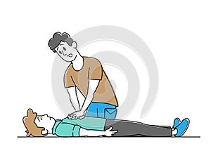 Male Character Making Heart Massage to Man Lying on Floor. CPR First Aid Help or Training, Cardiopulmonary Resuscitation