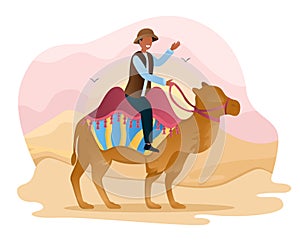 Male character is offering to ride camels through the sand dunes in the desert