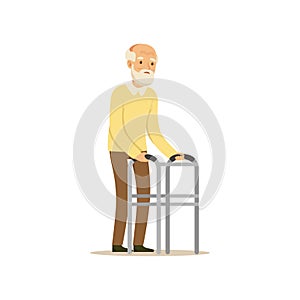 Male Character Old Frail Weak Using Walking Support Colourful Toon Cute