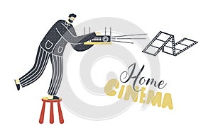 Male Character in Pajama and Slippers Tune Home Cinema Projector for Watching Movies on Weekend. Domestic Recreation