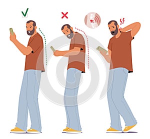 Male Character Perform Wrong Posture With Phone, Slouched, Neck Bent And Wrists Strained. Proper Posture