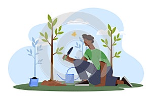 Male character planting a tree, concept of environmental care