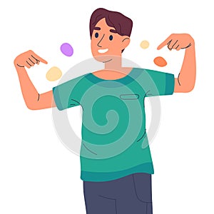 Male character pointing to himself. Man indicating and pointing to smith with index fingers flat cartoon vector illustration on