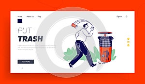 Male Character Pollute Environment Landing Page Template. City Dweller Passing by Litter Bin Throwing Garbage on Ground