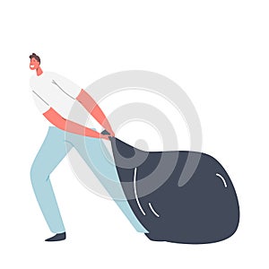 Male Character Pull Huge Black Sack Isolated on White Background. Man Carry Bag with Garbage, Businessman with Money