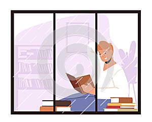 Male Character Reading Sitting at Window with Rain Outside. Education or Hobby Concept. Man Read Book at Home