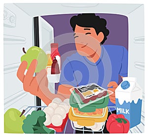 Male Character Rummaging Through Fridge Shelves, Hunting For Sustenance and Struggle Against Hunger, Vector Illustration