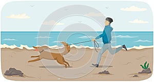 Male character running after puppy on leash on coastline. Man and dog jogging during cold season