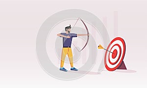 A male character shoots a bow at a target. Business goals concept.