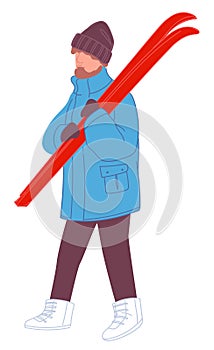 Male character with skiing equipment for sports