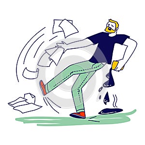 Male Character Slipping on Wet Floor Pouring Coffee and Scatter Documents around. Man Falling on Puddle