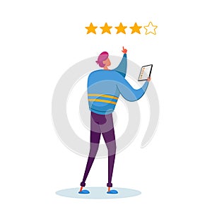 Male Character with Smartphone in Hands Put Gold Rating Stars in App. Customer Leaving Feedback, Ranking Evaluation