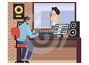 Male character sound producer record female singer in music studio isolated on white, flat vector illustration. Room